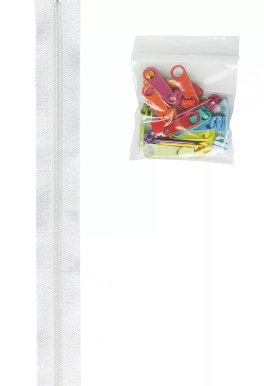 4 yards of 16mm #4.5 zipper chain and 16 Ex-Large Pulls White with 16 Mult pulls # ZIPYD100MUL -Special Order