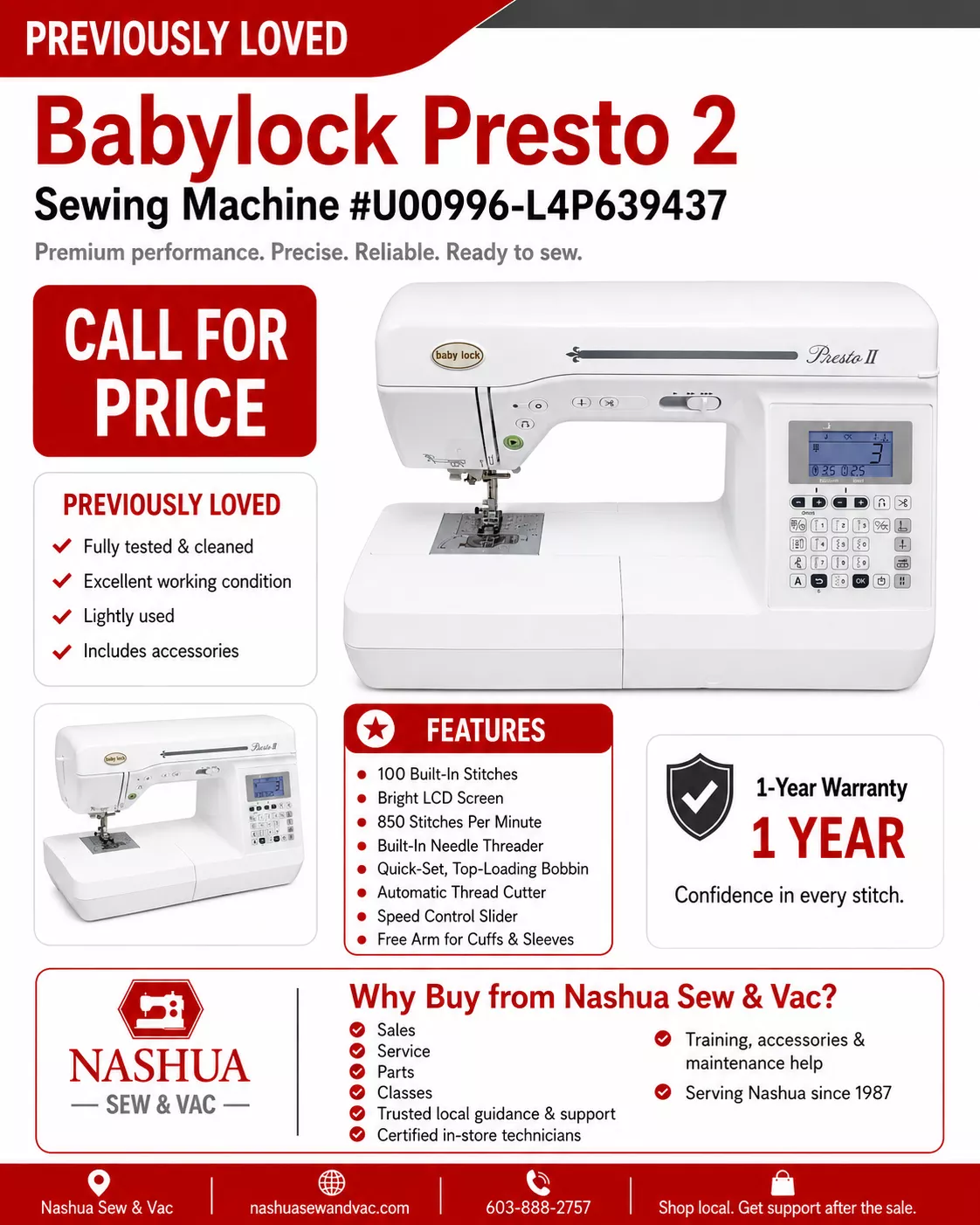 "Previously Loved" Babylock Presto 2 Sewing Machine #U00996-L4P639437