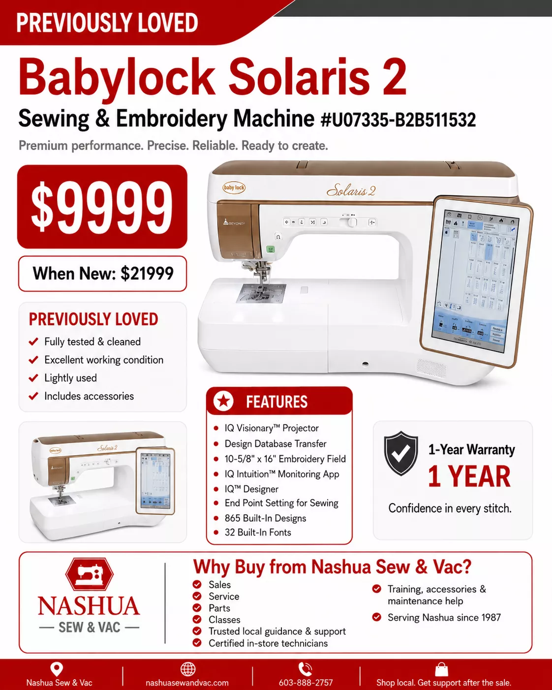 "Previously Loved" Babylock Solaris 2 Sewing & Embroidery Machine #U07335-B2B511532