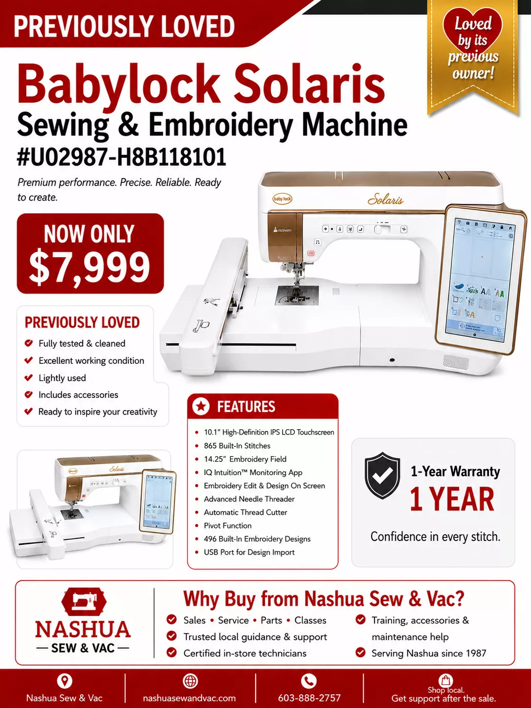 “Previously Loved” Babylock Solaris Sewing & Embroidery Machine #U02987-H8B118101