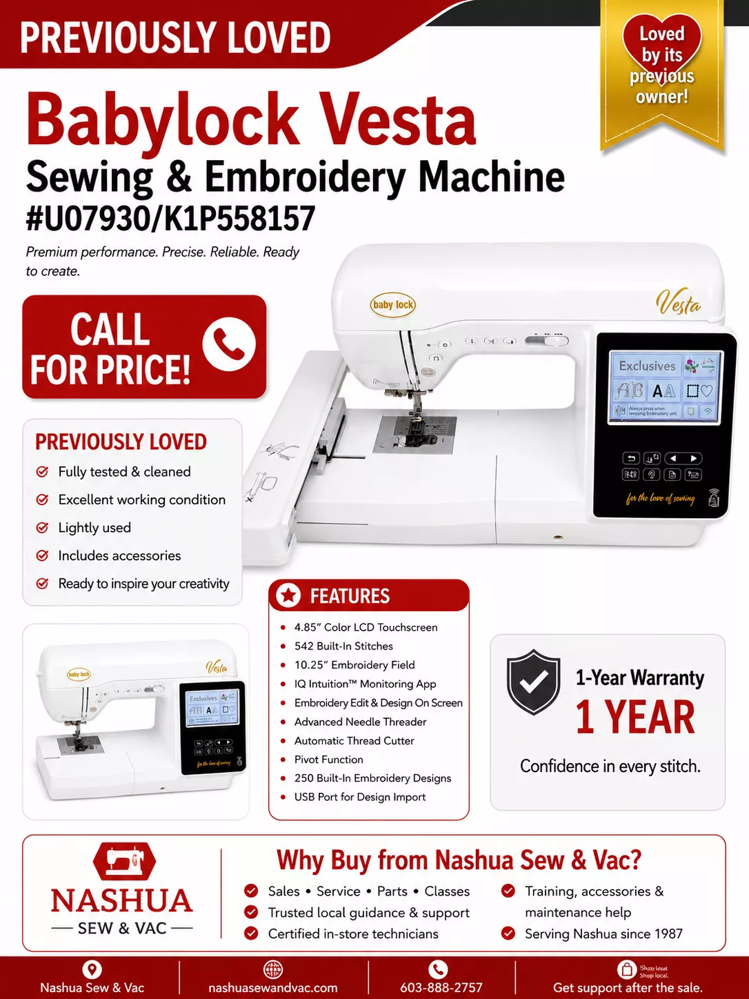 “Previously loved” Babylock Vesta Sewing & Embroidery Machine #U07930-K1P558157