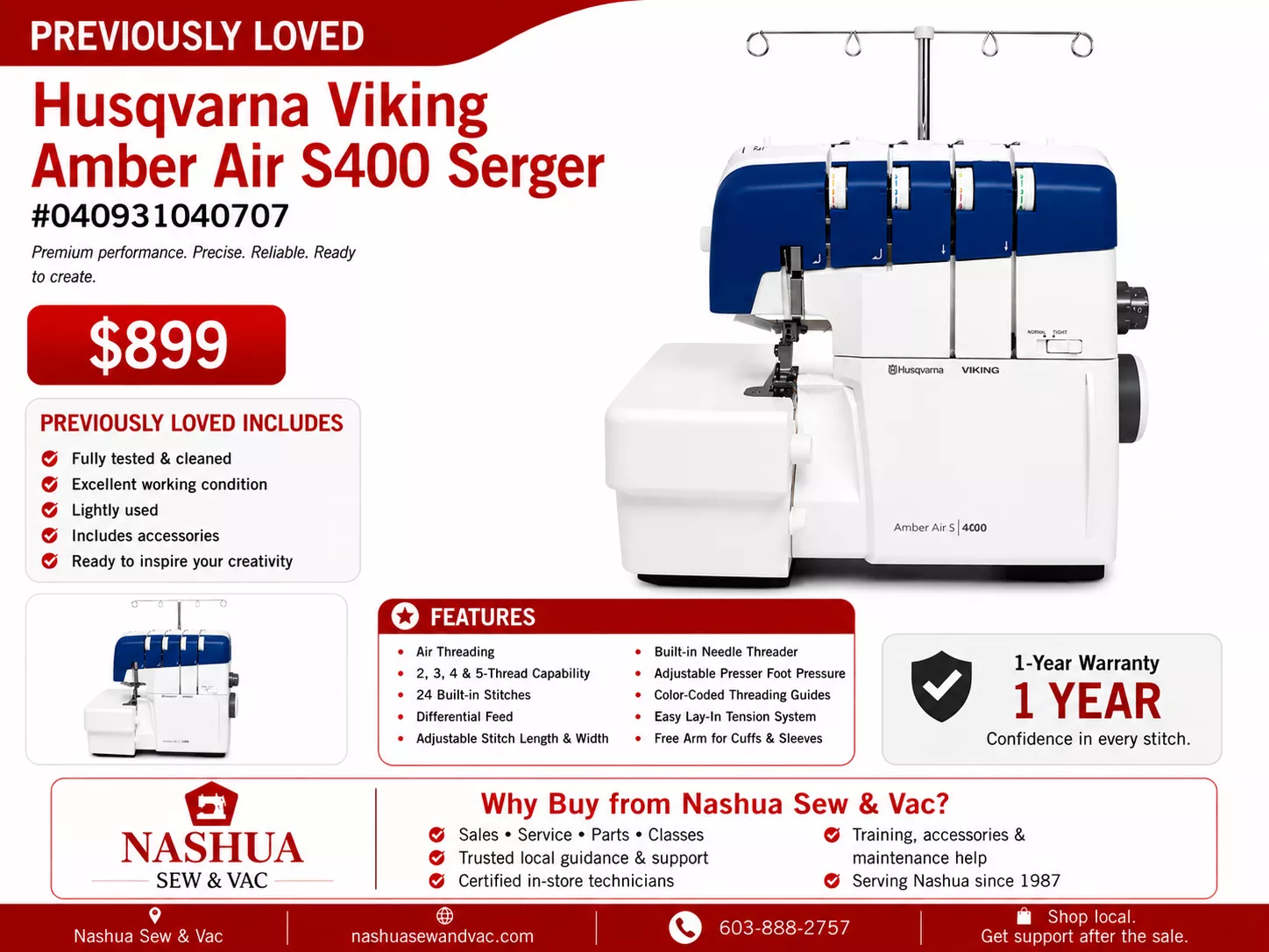 “Previously Loved” Husqvarna Viking Amber Air S400 Serger #040931040707