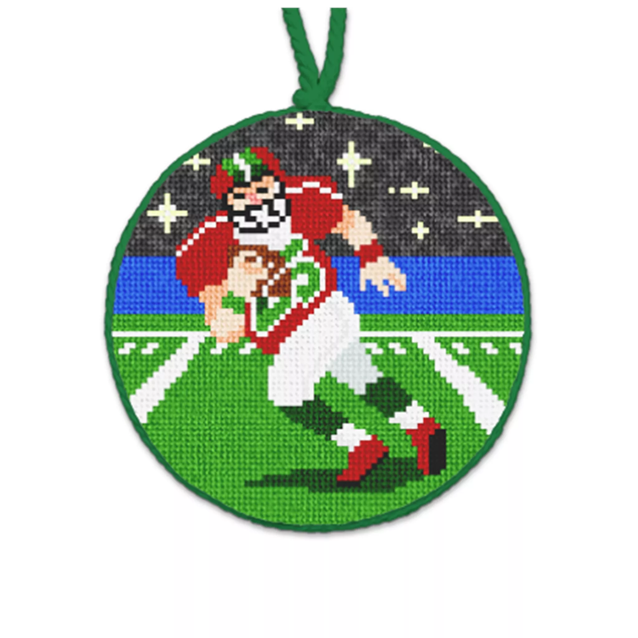 Santa Loves Football Needlepoint Ornament